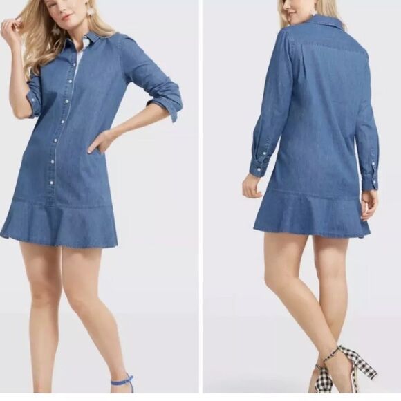 Draper James Blue Chambray Long Sleeve Tulip Shirt Dress Cotton Size 2 - Picture 1 of 6